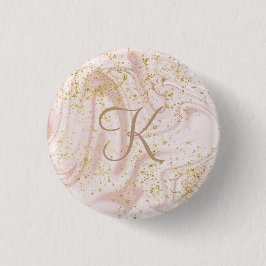 Monogramm Rosa und Weißmarmor Swirl Gold Glitzer Button