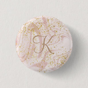 Monogramm Rosa und Weißmarmor Swirl Gold Glitzer Button