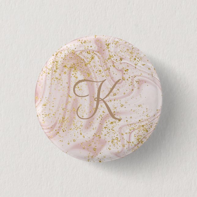 Monogramm Rosa und Weißmarmor Swirl Gold Glitzer Button (Vorderseite)