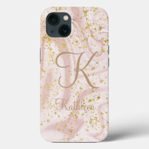 Monogramm Rosa und Weißmarmor Swirl Gold Glitzer Case-Mate iPhone Hülle