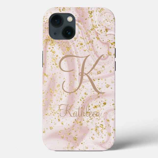 Monogramm Rosa und Weißmarmor Swirl Gold Glitzer Case-Mate iPhone Hülle (Rückseite)
