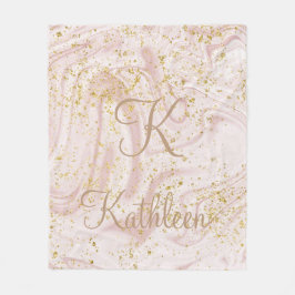 Monogramm Rosa und Weißmarmor Swirl Gold Glitzer Fleecedecke