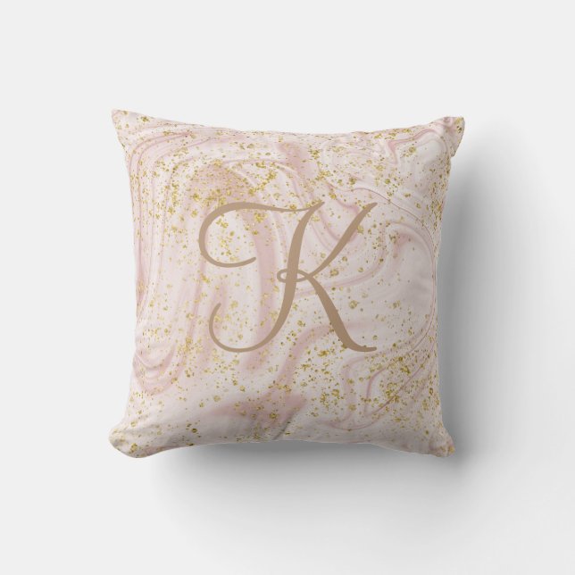Monogramm Rosa und Weißmarmor Swirl Gold Glitzer Kissen (Vorderseite)