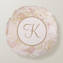 Monogramm Rosa und Weißmarmor Swirl Gold Glitzer Rundes Kissen