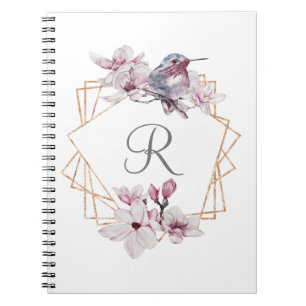 Monogramm Rosa Weiße Magnolien Vogel Goldrahmen  Notizblock