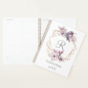 Monogramm Rosa Weiße Magnolien Vogel Goldrahmen Planer