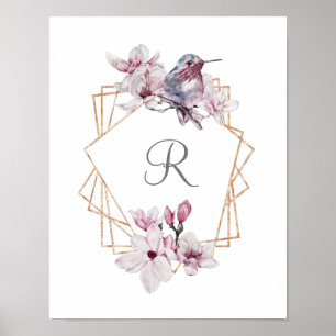 Monogramm Rosa Weiße Magnolien Vogel Goldrahmen Poster