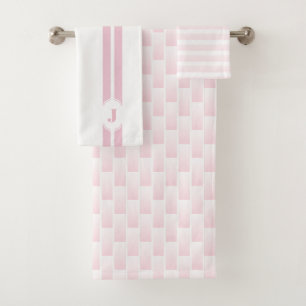 Monogramm rosa weißer Ombre karierter Streifen Badhandtuch Set