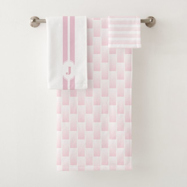 Monogramm rosa weißer Ombre karierter Streifen Badhandtuch Set (Insitu)
