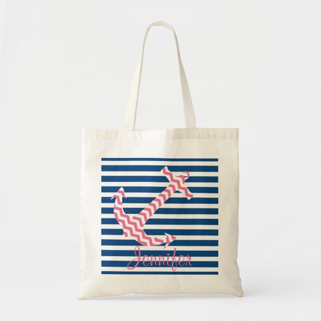 Monogramm-rosa Zickzack Anker-kundenspezifische Tragetasche (Vorne)