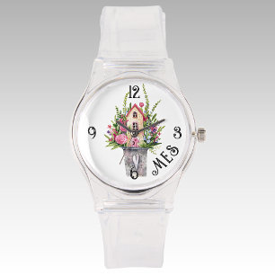 Monogramm, Rose Fairytale Hütte Klare Silicone Armbanduhr