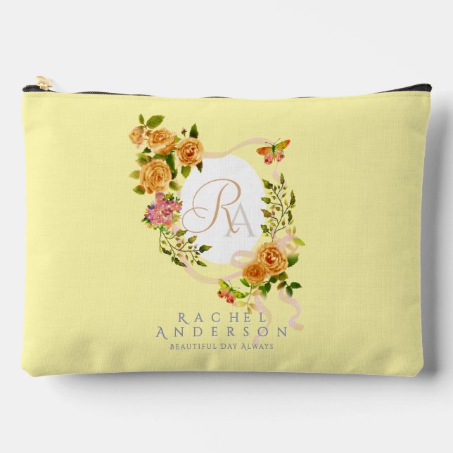 Monogramm-Rose-Flachband-Papiertüte Zubehörtasche (Vorderseite)