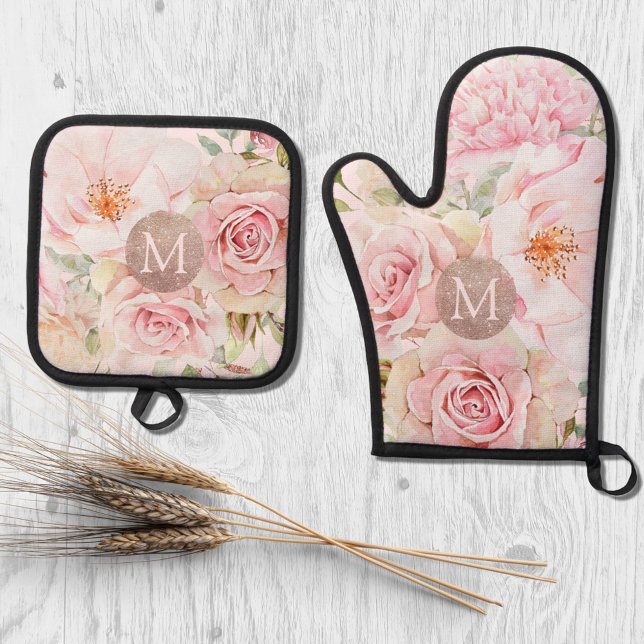 Monogramm Rose Gold Blush Pink Aquarellfarben Ofenhandschuh & Topflappen-Set (In situ)