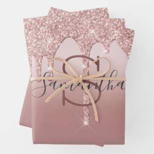 Monogramm Rose Gold Glitter-Tropf-Blush-Pink-Trend Geschenkpapier Set