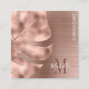 Monogramm Rose Gold Palmwedel gebürstetes Metall Quadratische Visitenkarte