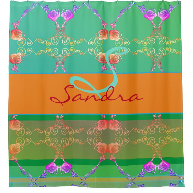 Monogramm Rose Herz Apricot aquamarin und Moss Duschvorhang (Vorderseite)