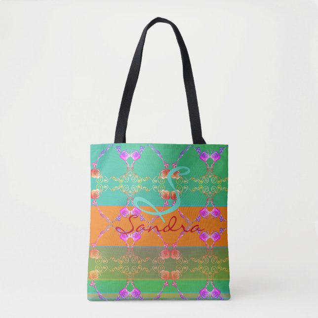 Monogramm Rose Herz Apricot aquamarin und Moss Tasche (Vorderseite)