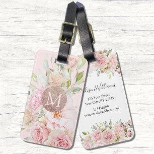 Monogramm Roségold Blush Rosa Wasserfarben Blumen  Gepäckanhänger