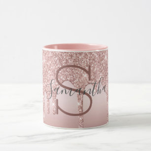 Monogramm Roségold Glitter-Tropf Blush Rosa Trend Tasse