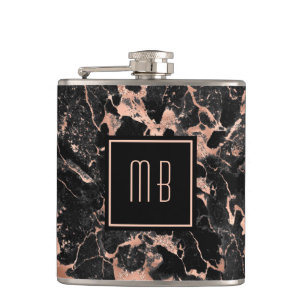 Monogramm Roségold Schwarz Marmor Flachmann
