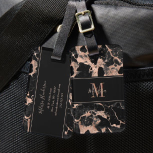 Monogramm Roségold schwarzer Marmor Gepäckanhänger