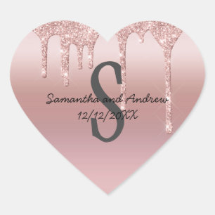 Monogramm Roségold-Tropf Glitter Blush Pink Hochze Herz-Aufkleber