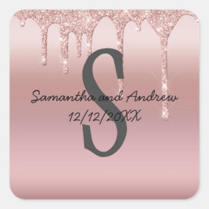 Monogramm Roségold-Tropf Glitter Blush Rosa Trend Quadratischer Aufkleber