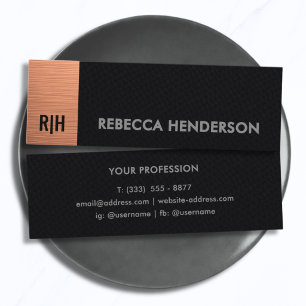 Monogramm Roségoldbarren & schwarzes Leder Mini Visitenkarte