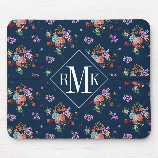 Monogramm | Rosenstrauß Blumenmuster Mousepad (Vorne)