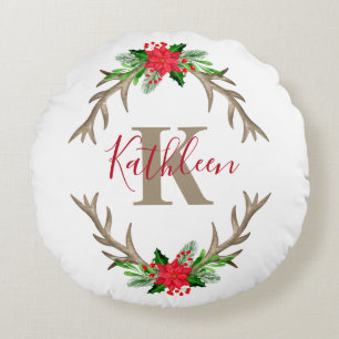 Monogramm Rot Grün Weihnachten Floral Geweihe  Rundes Kissen