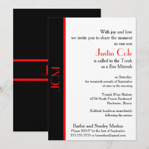 Monogramm Rot Schwarze Bar Mitzvah auf Weiß Einladung