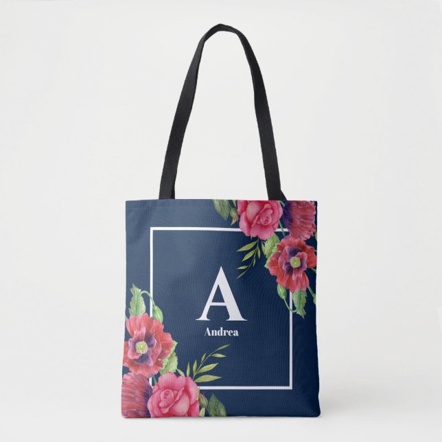 Monogramm Rot und Rosa Blume Dunkelblau Tasche (Vorderseite)