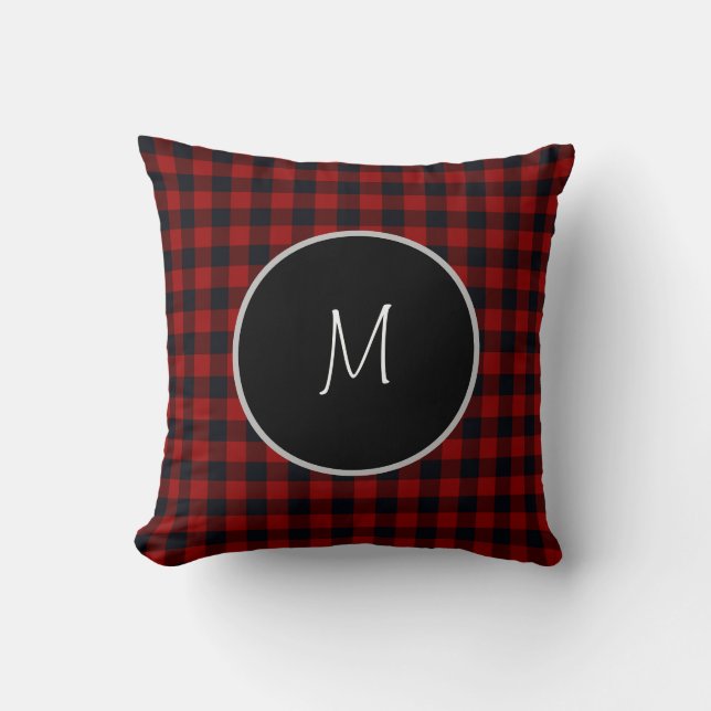 Monogramm Rot und Schwarz Buffalo Kariert Kissen (Vorderseite)