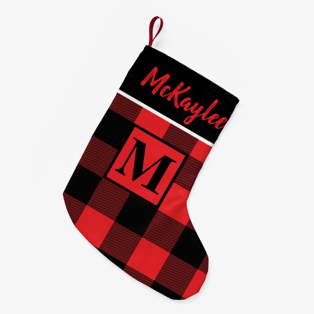 Monogramm Rot und Schwarz Buffalo Kariert Personal Kleiner Weihnachtsstrumpf (Vorderansicht (hängend))