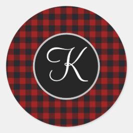 Monogramm Rot und Schwarz Buffalo Kariert Runder Aufkleber