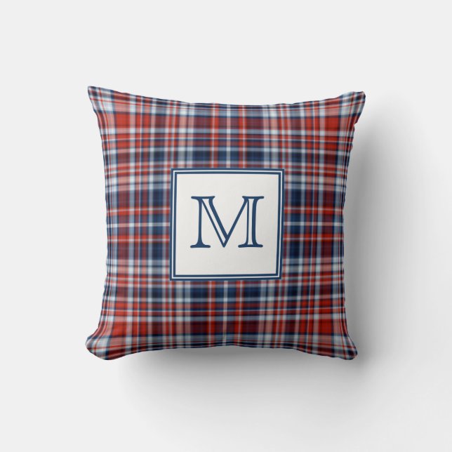 Monogramm Rot Weiß und Blau Kariert Kissen (Vorderseite)
