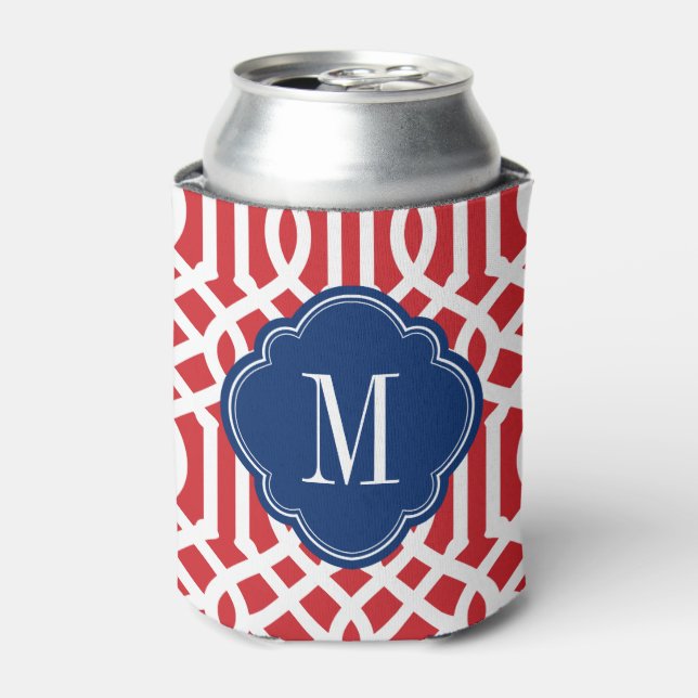 Monogramm Rot-Weiß und Blau-Trellis Dosenkühler (Kanne Vorderseite)