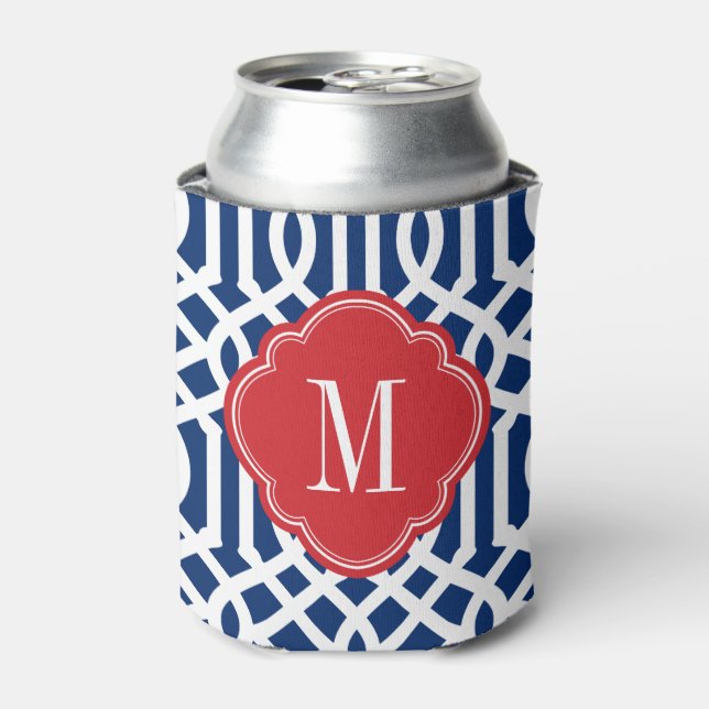 Monogramm Rot-Weiß und Blau-Trellis Dosenkühler (Kanne Vorderseite)