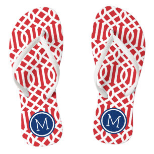Monogramm Rot-Weiß und Blau-Trellis Flip Flops