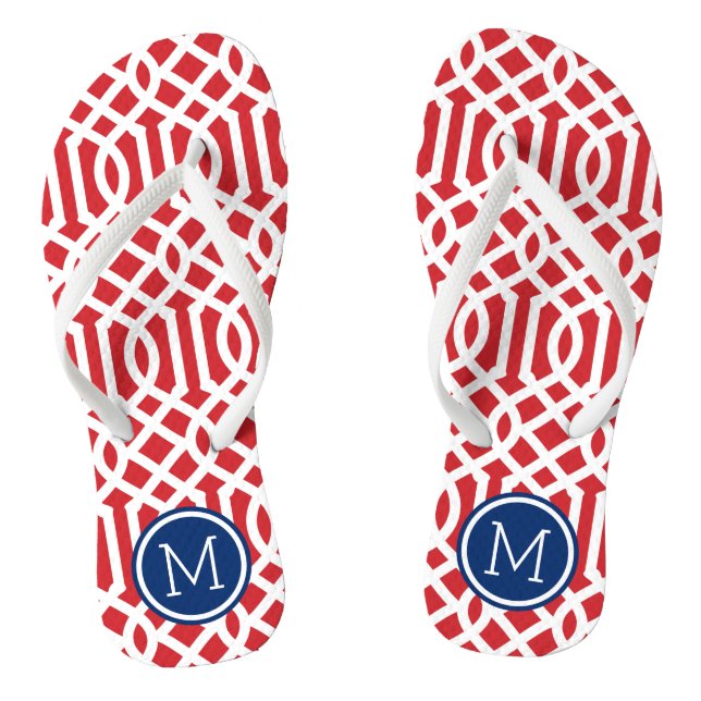 Monogramm Rot-Weiß und Blau-Trellis Flip Flops (Fußbett)