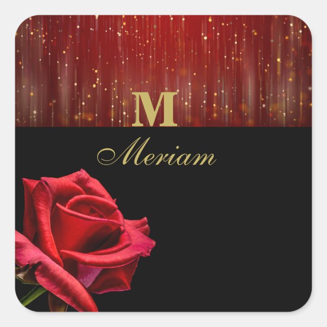 Monogramm-Rote Rose Quadratischer Aufkleber (Vorderseite)