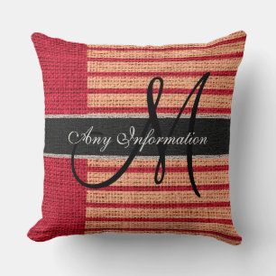 Monogramm rote Streifen Jute rustikale Leinwand Kissen