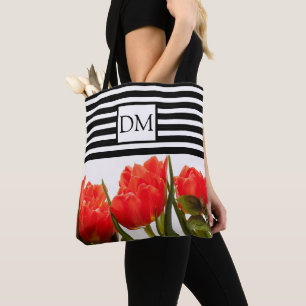 Monogramm rote Tulipen mit schwarzen Streifen Totb Tasche