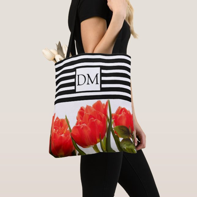 Monogramm rote Tulipen mit schwarzen Streifen Totb Tasche (Von Nahem)
