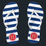 Monogramm rote und blaue Preppy-Streifen Flip Flops<br><div class="desc">Maßgeschneiderte,  bedruckte Flop-Sandalen mit einem preppy-nautical-Stripe-Muster und einem eigenen Monogramm oder einem anderen Text in einem Circle-Rahmen. Klicken Sie auf Anpassen,  um Schriftart und Farben zu ändern oder eigene Bilder hinzuzufügen,  um ein einzigartiges Design zu erstellen!</div>