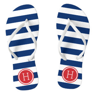 Monogramm rote und blaue Preppy-Streifen Flip Flops