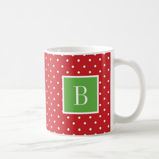 Monogramm rote und grüne Polka-Punkte Kaffeetasse (Rechts)