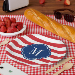 Monogramm rote weiße und blaue patrouillische Stre Pappteller