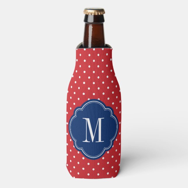 Monogramm rote weiße und blaue Polka-Punkte Flaschenkühler (Flaschenvorderseite)