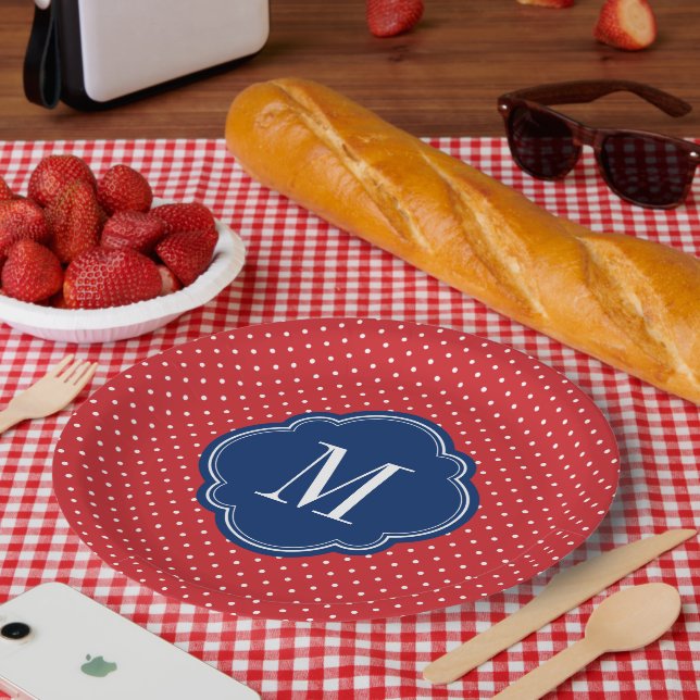 Monogramm rote weiße und blaue Polka-Punkte Pappteller (Picknick)